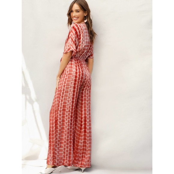 70s style Plunging Neck Knot Front Tie Dye Palazzo Jumpsuit orange - Picture 2 of 5